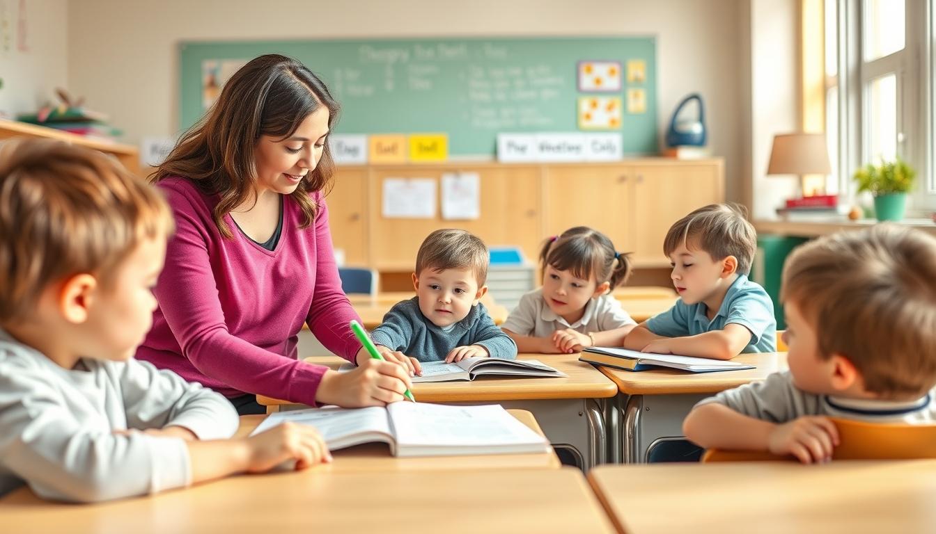 Students studying together in modern classroom